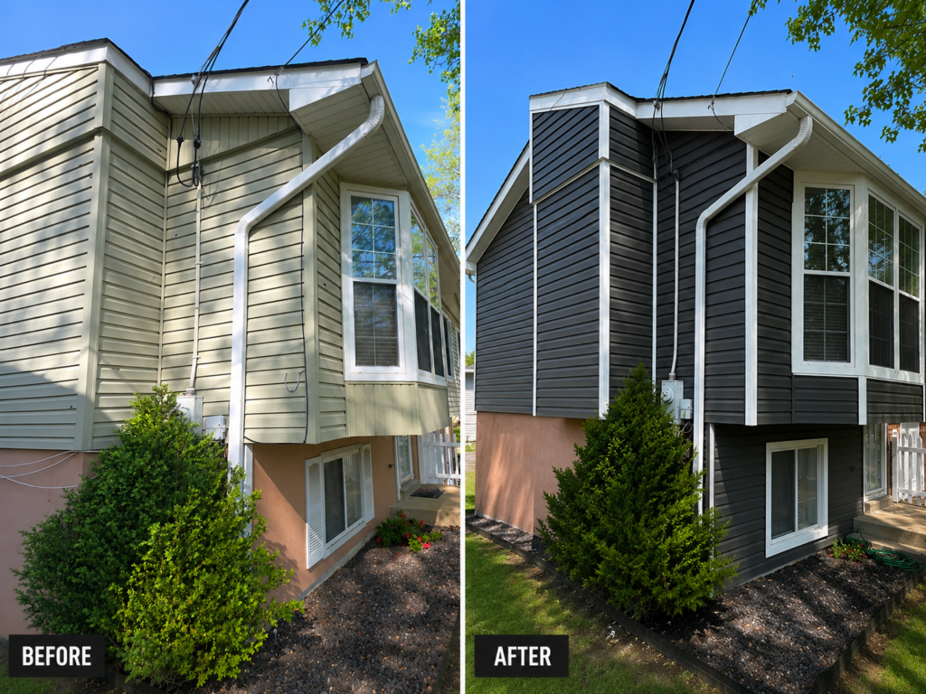 New siding, fascia, gutters, and a full exterior wrap transformed this Arnold, MO home into a beautiful maintenance-free exterior with dramatically improved curb appeal.